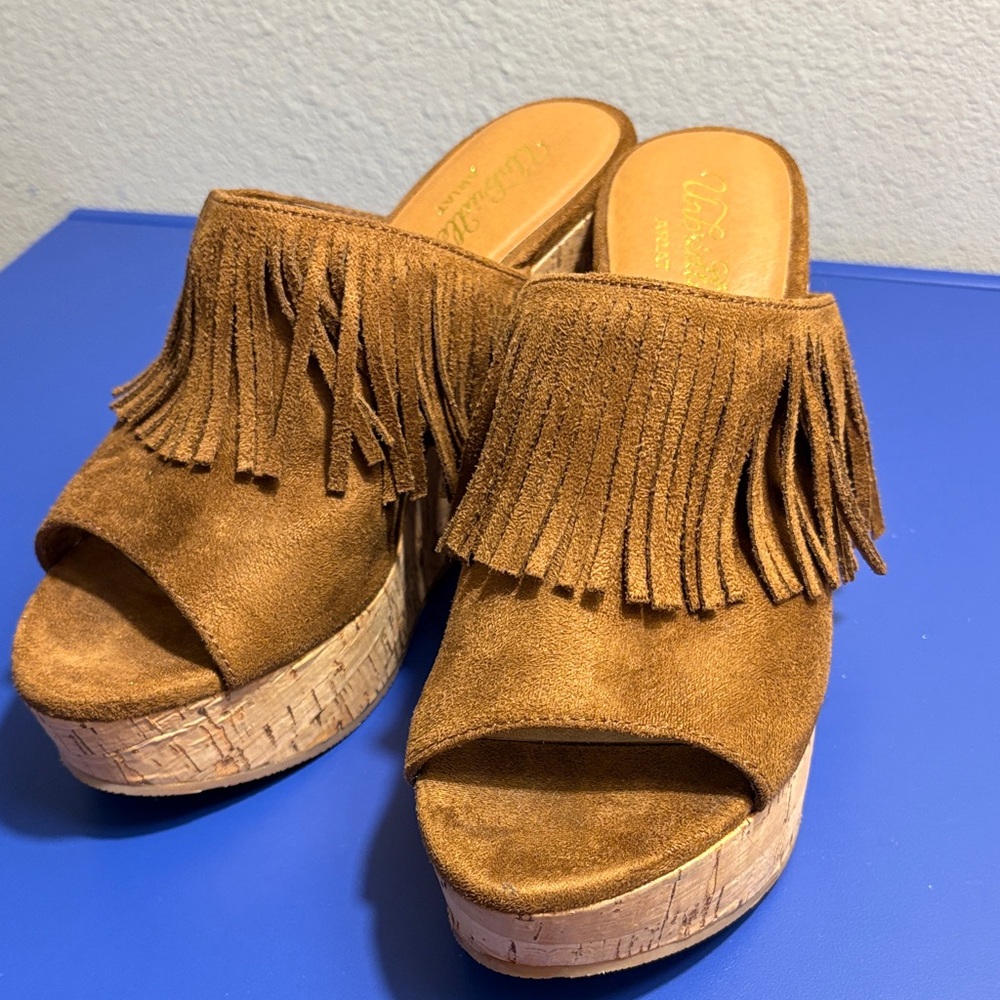 Ariat Fringe Suede Platform Mules - Tan